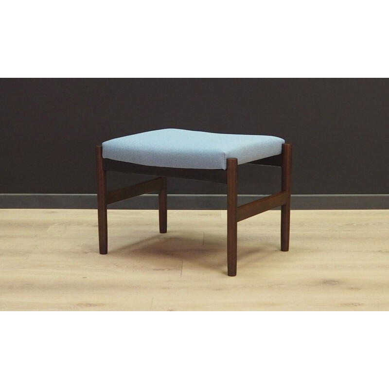 Vintage footrest in oak wood and light blue Scandinavian fabric 1970