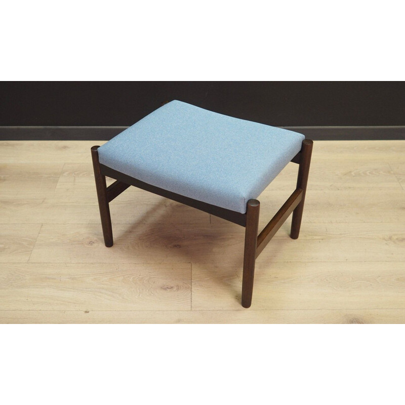 Vintage footrest in oak wood and light blue Scandinavian fabric 1970