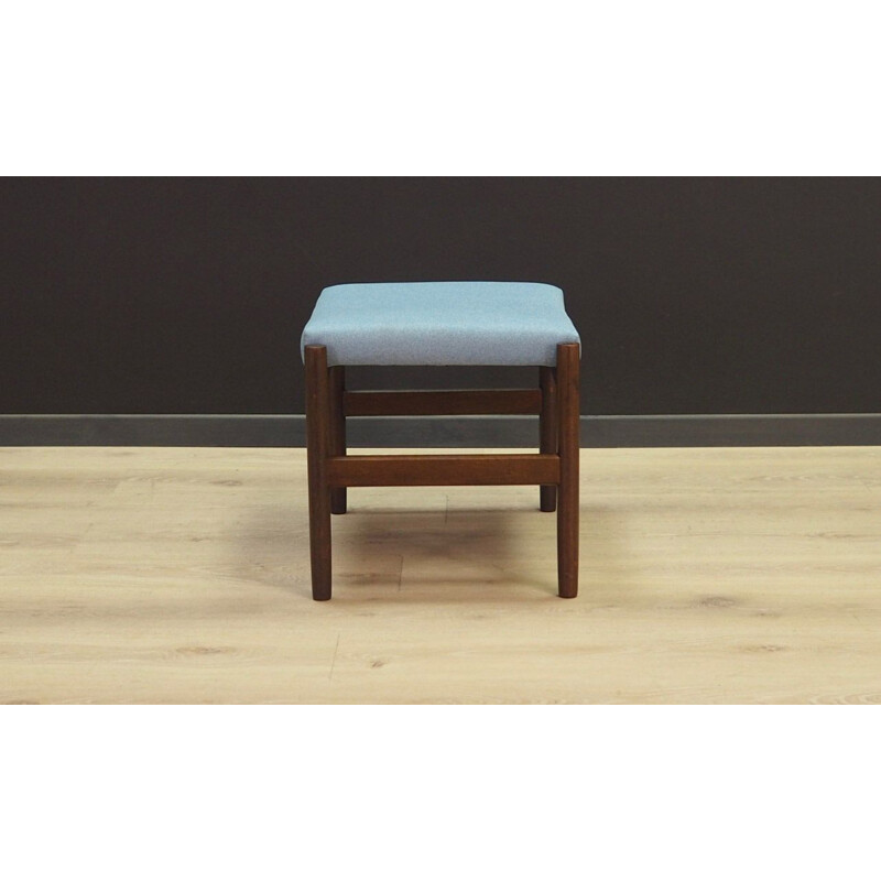 Vintage footrest in oak wood and light blue Scandinavian fabric 1970