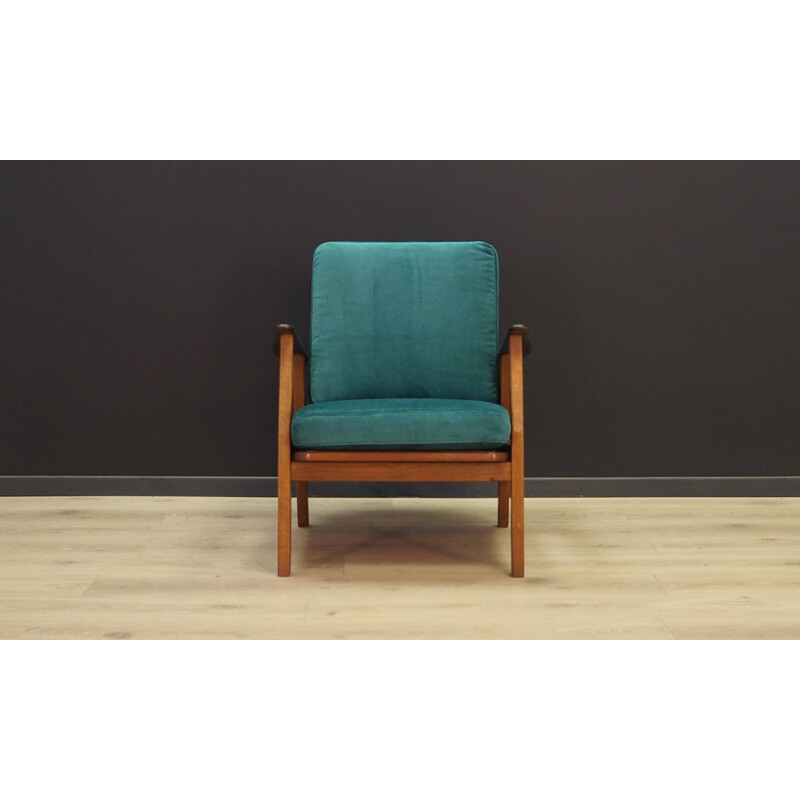 Vintage Danish green velvet and oak wood armchair 1970