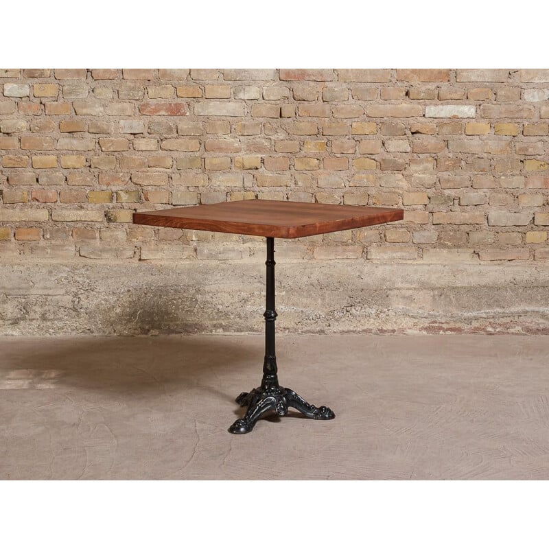 Vintage bistro table with solid stained oak square top and steel frame