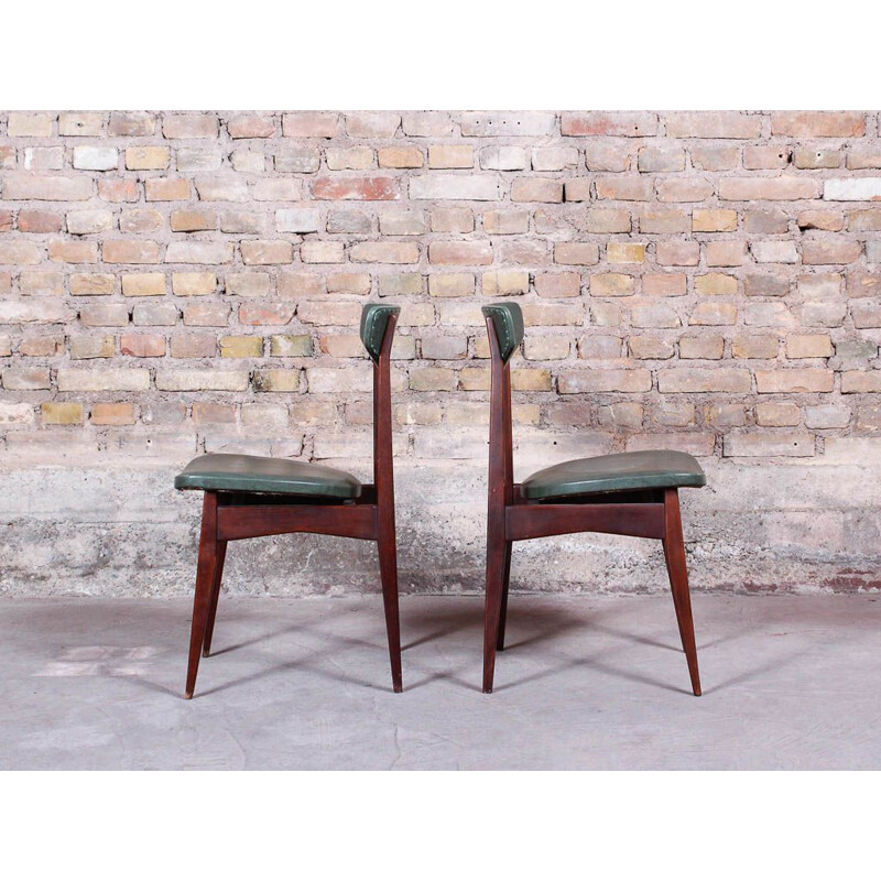 Duo of vintage Scandinavian teak chairs and leatherette seats 1980