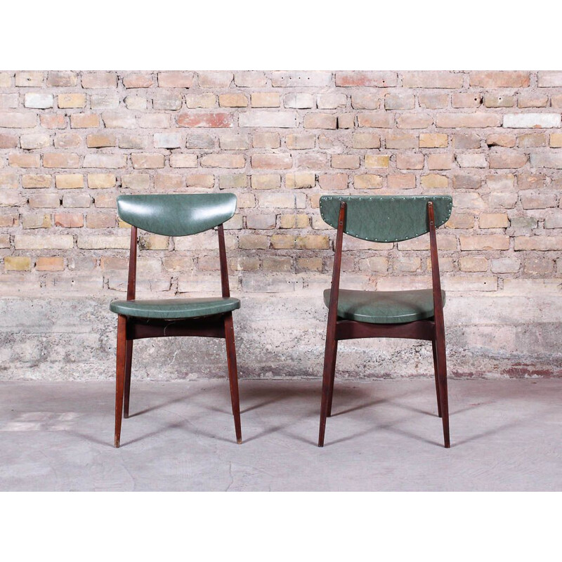 Duo of vintage Scandinavian teak chairs and leatherette seats 1980