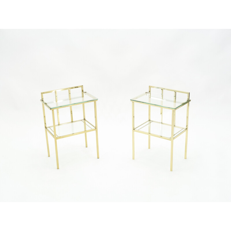 Pair of vintage brass and glass Attr sofa ends by Marc Duplantier, 1960