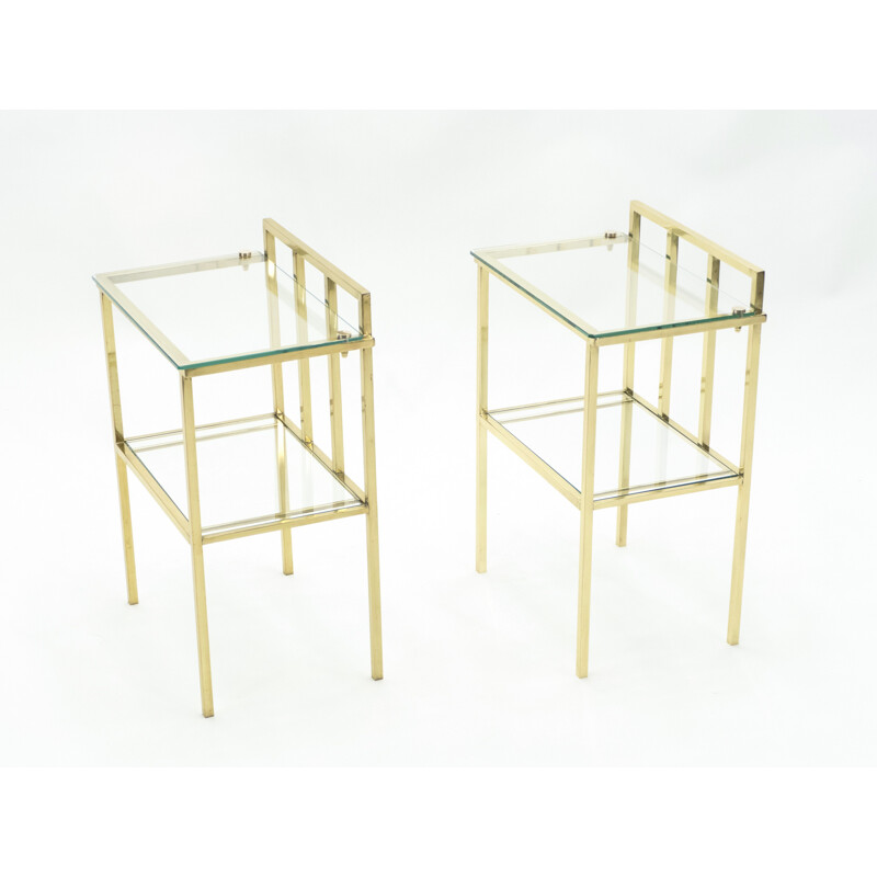 Pair of vintage brass and glass Attr sofa ends by Marc Duplantier, 1960