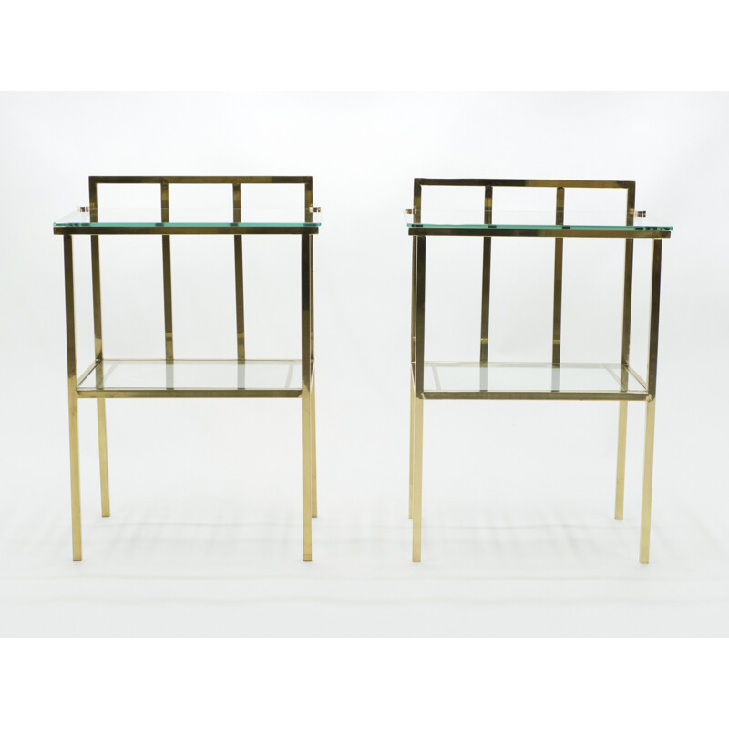 Pair of vintage brass and glass Attr sofa ends by Marc Duplantier, 1960