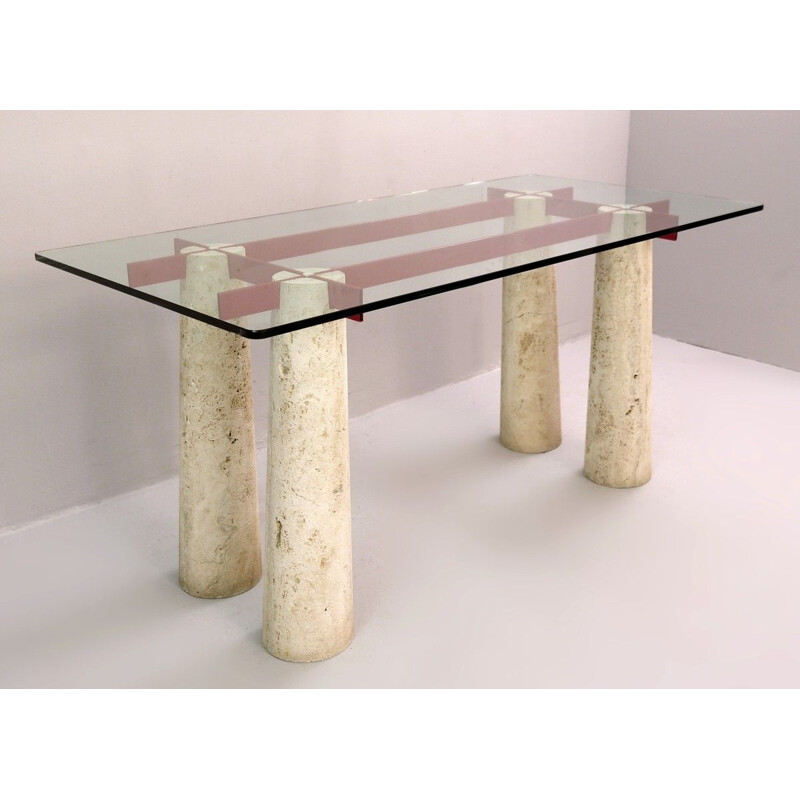 Vintage Console Table Italian Desk in Travertine And Glass