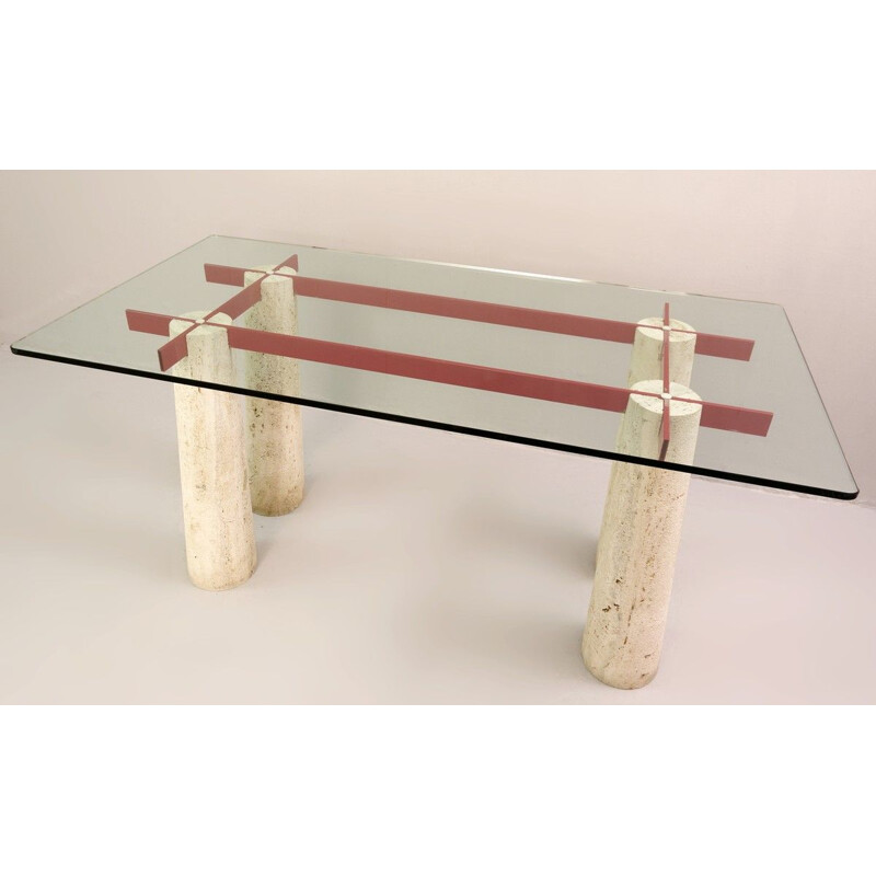 Vintage Console Table Italian Desk in Travertine And Glass