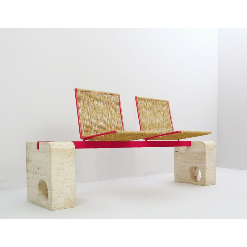 Vintage Bench 2 Seats Travertine String And Red Metal - Italy