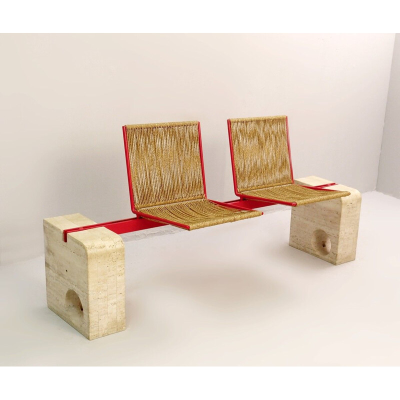 Vintage Bench 2 Seats Travertine String And Red Metal - Italy