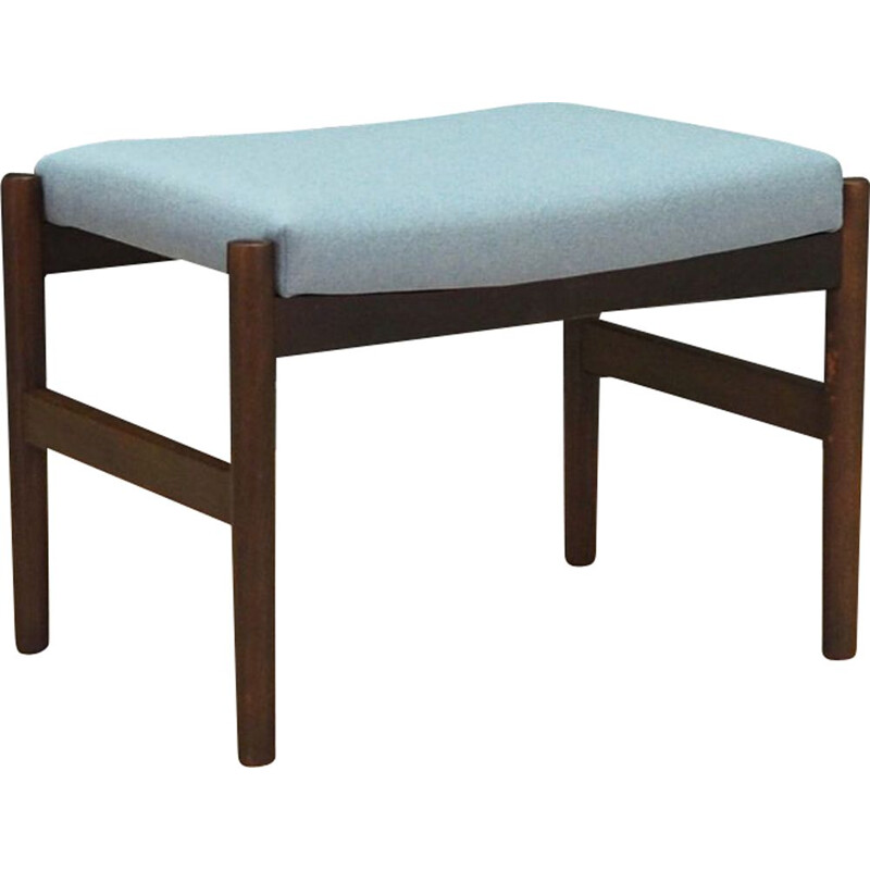 Vintage footrest in oak wood and light blue Scandinavian fabric 1970