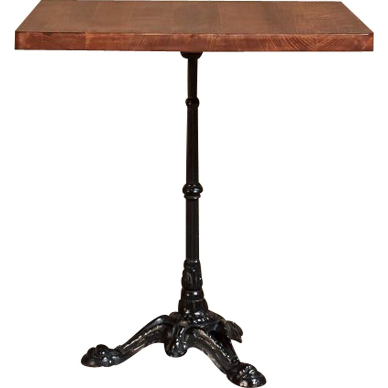 Table bistrot vintage avec plateau carré en chêne teinté massif et piétement acier