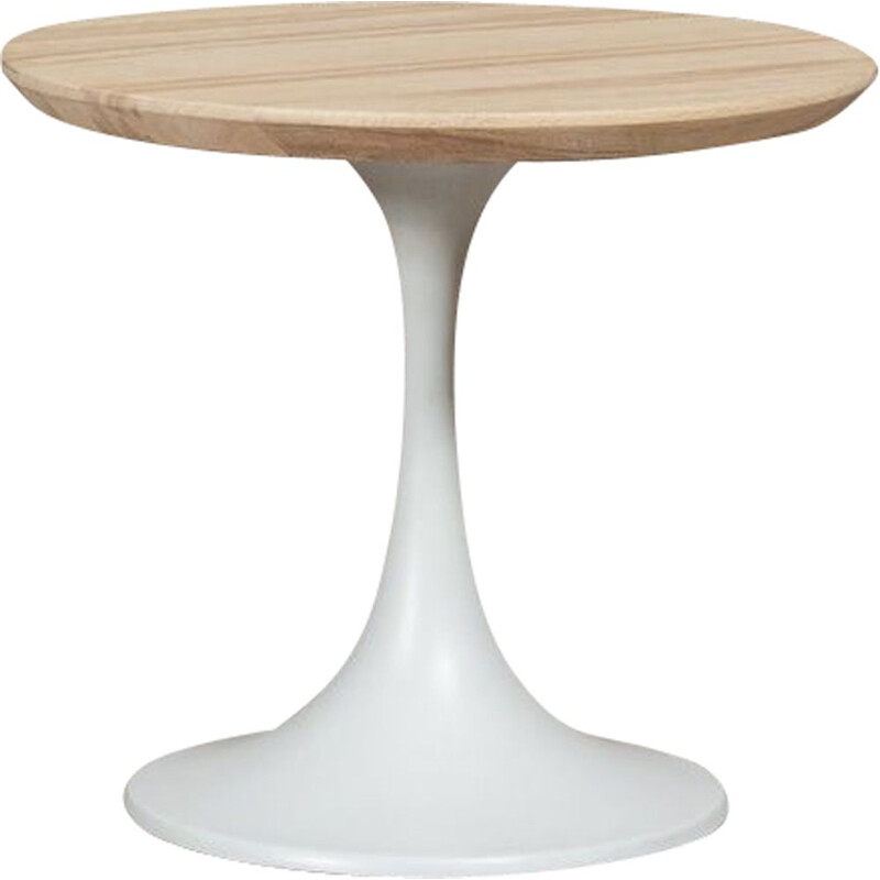 Table basse, table d'appoint, desserte vintage avec pied tulipe et plateau rond en chêne massif