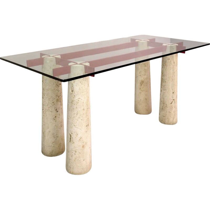 Vintage Console Table Italian Desk in Travertine And Glass