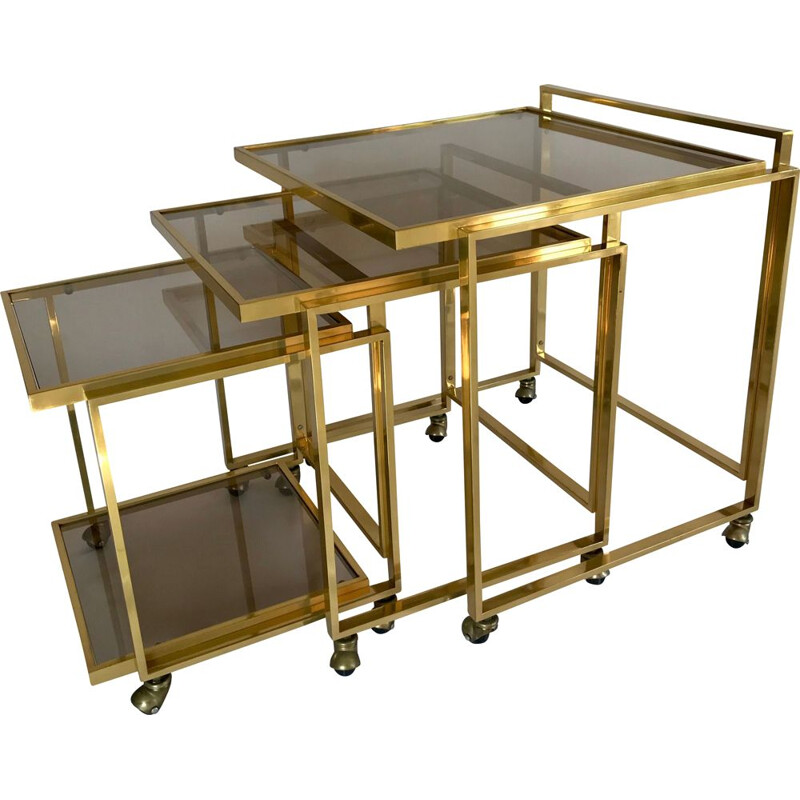 Vintage nesting tables with brass and smoked glass casters, Italy 1970