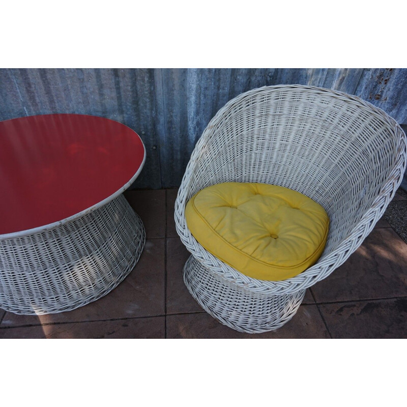 Vintage Italian Rattan and Wicker Cocktail Table and Chairs Set 1950s