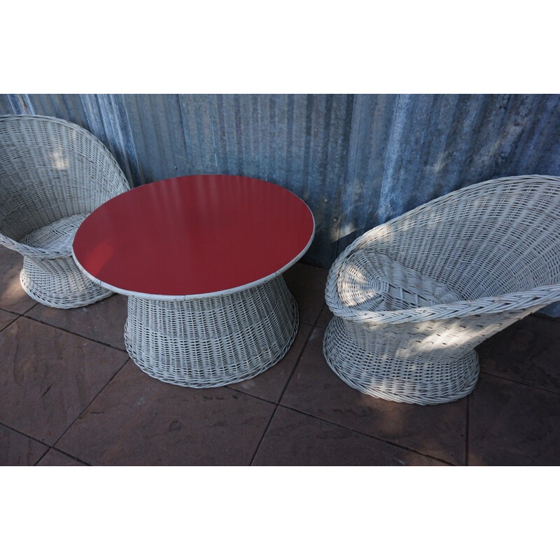 Set di tavoli e sedie da cocktail vintage in rattan e vimini Italia 1950