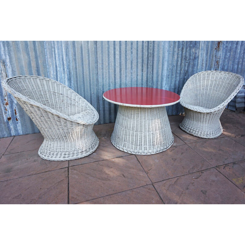 Ensemble de tables et de chaises vintage cocktail en rotin et en osier Italie 1950