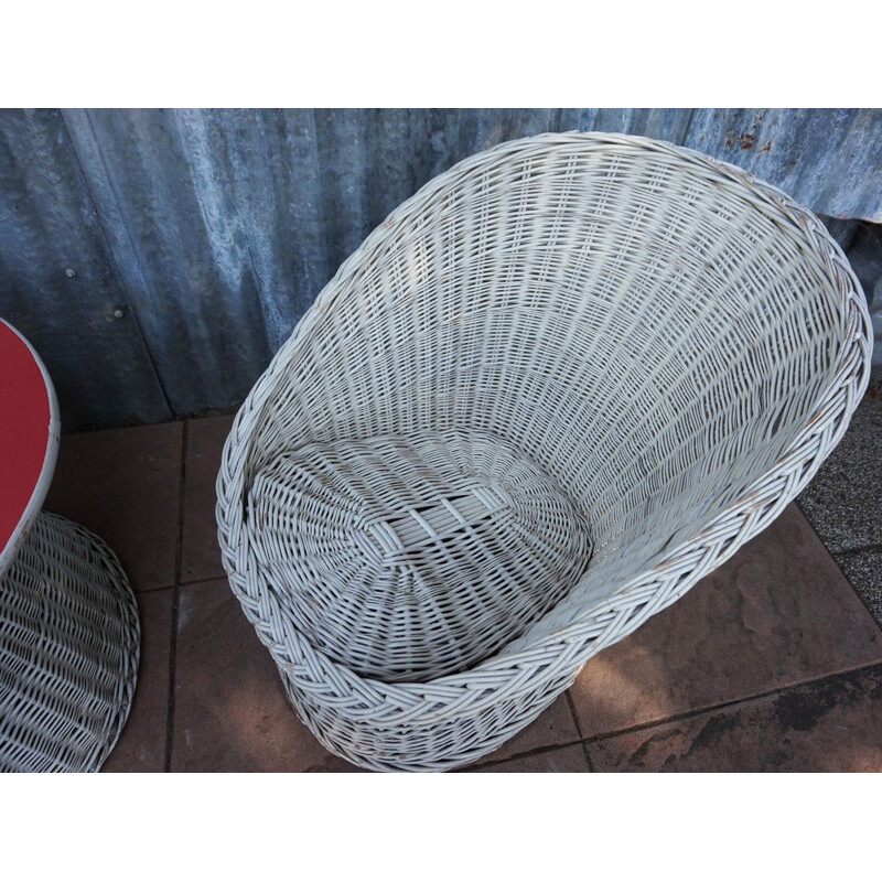 Ensemble de tables et de chaises vintage cocktail en rotin et en osier Italie 1950