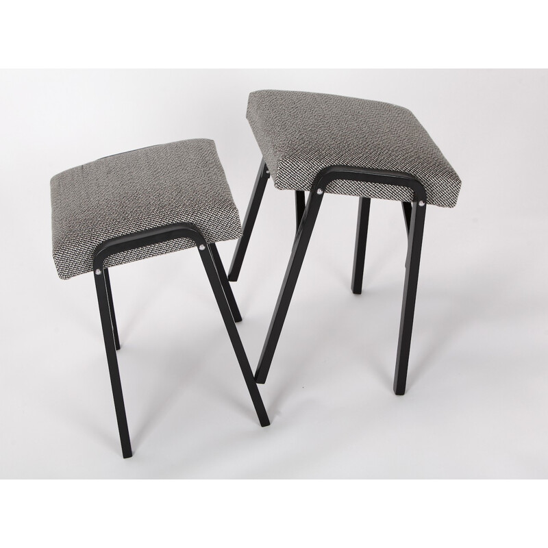 Pair of stools in oakwood and grey fabric - 1970s