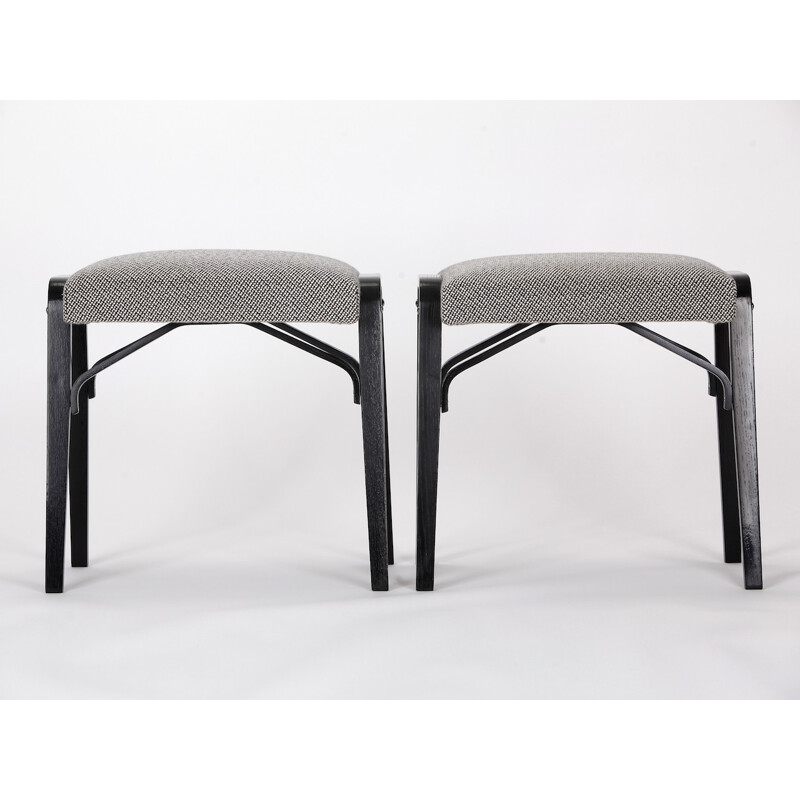 Pair of stools in oakwood and grey fabric - 1970s