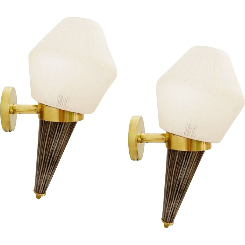 Pair of vintage brass and glass torch wall sconces, Italy