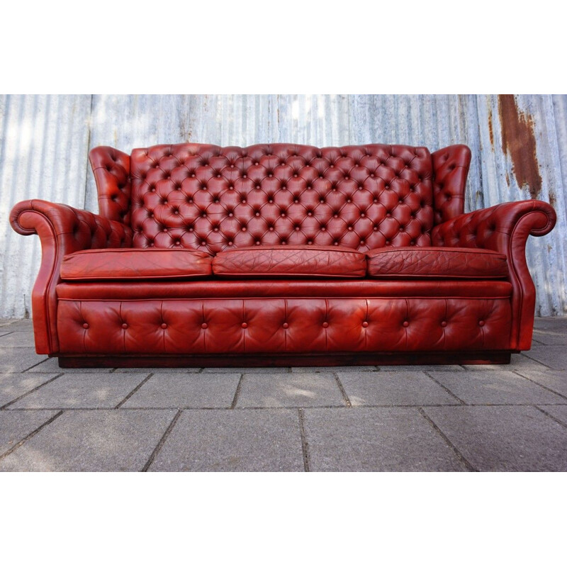 Vintage Red Pegasus leather high back buttoned Chesterfield wing Sofa 1960s