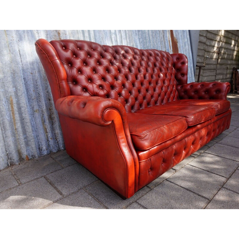 Vintage Red Pegasus leather high back buttoned Chesterfield wing Sofa 1960s