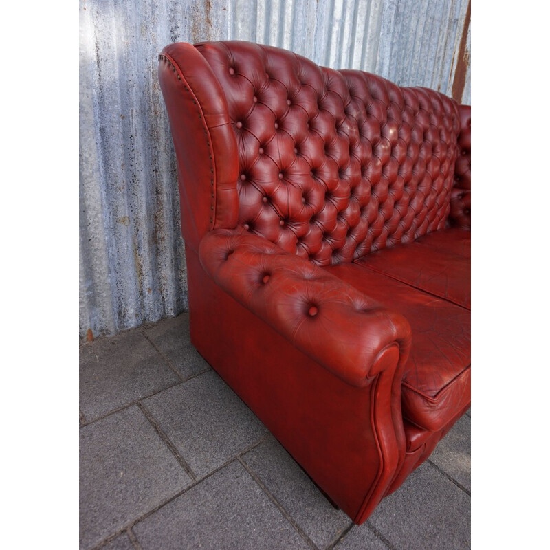 Vintage Red Pegasus leather high back buttoned Chesterfield wing Sofa 1960s