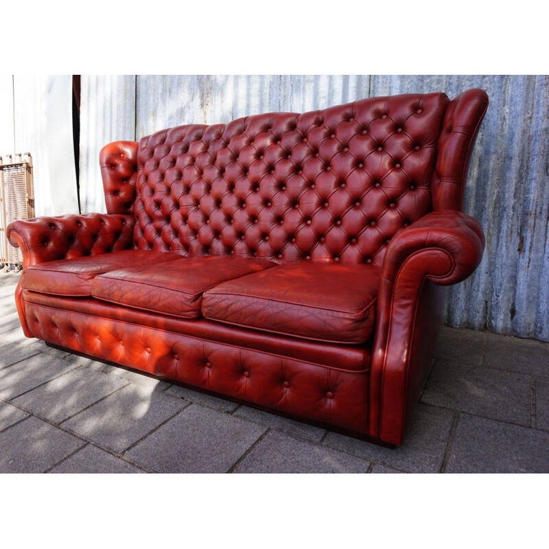 Vintage Red Pegasus leather high back buttoned Chesterfield wing Sofa 1960s