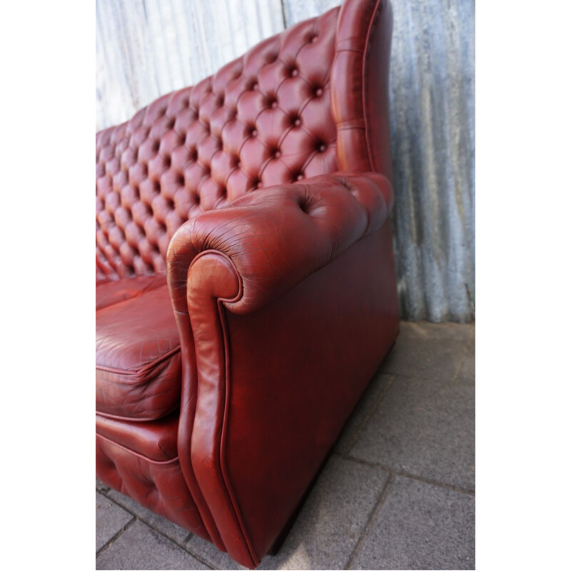 Vintage Red Pegasus leather high back buttoned Chesterfield wing Sofa 1960s