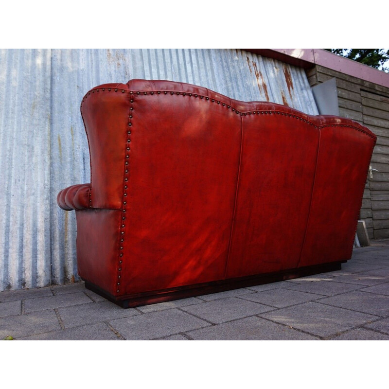 Vintage Red Pegasus leather high back buttoned Chesterfield wing Sofa 1960s