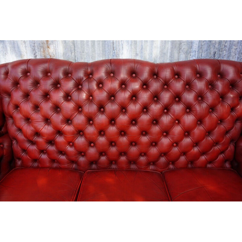 Vintage Red Pegasus leather high back buttoned Chesterfield wing Sofa 1960s