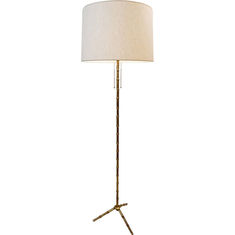 Lampadaire vintage tripod en bambou et laiton