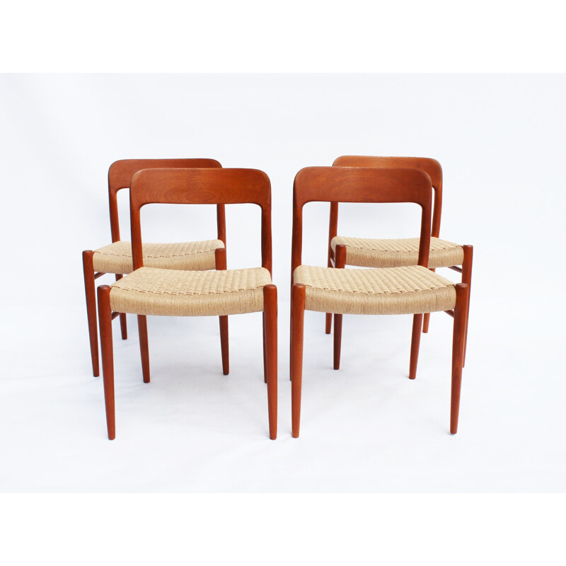Set of 4 vintage dining chairs in teak and papercord by N.O. Moller 1960s