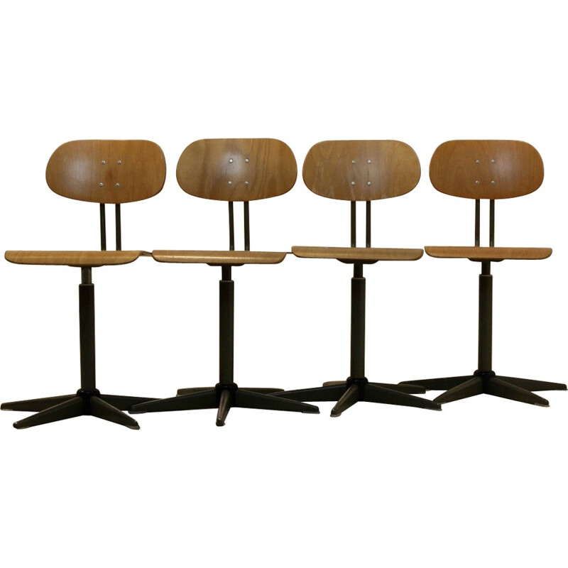 Set of 5 industrial plywood swivel chairs - 1960s