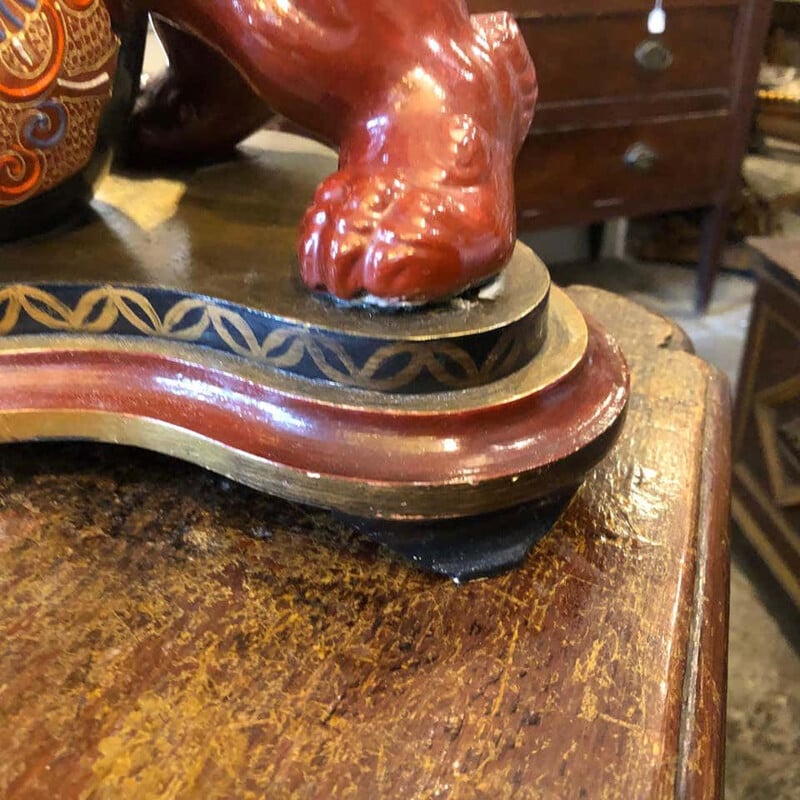 Pair of vintage Chinese ceramic Pho Dogs on a hand painted wooden base 1950