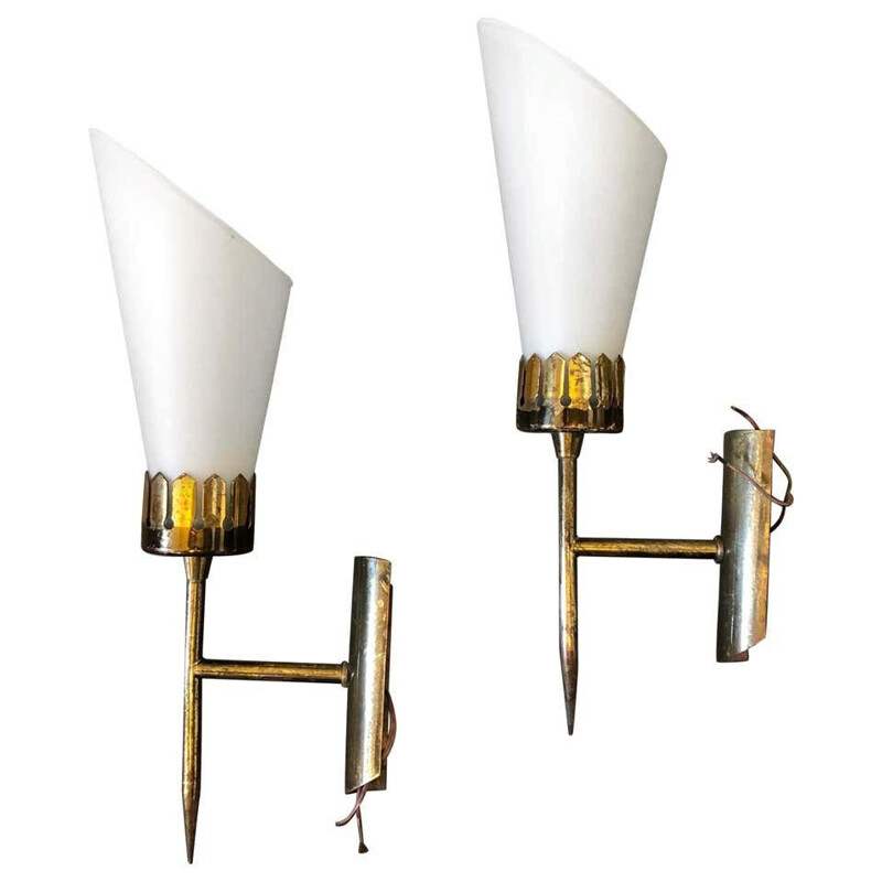 Pair of modern Italian vintage brass and glass wall lights 1950