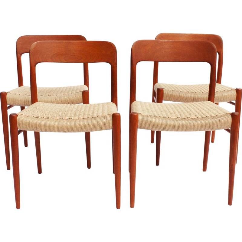 Set of 4 vintage dining chairs in teak and papercord by N.O. Moller 1960s