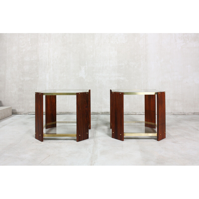 Pair of vintage brass and rosewood side tables, Italy 1970