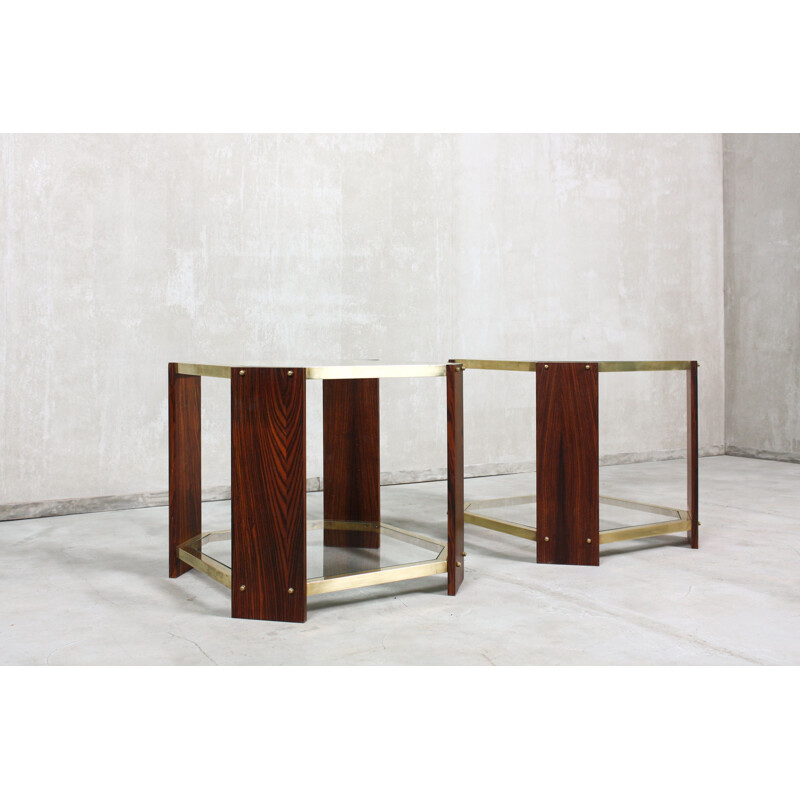 Pair of vintage brass and rosewood side tables, Italy 1970