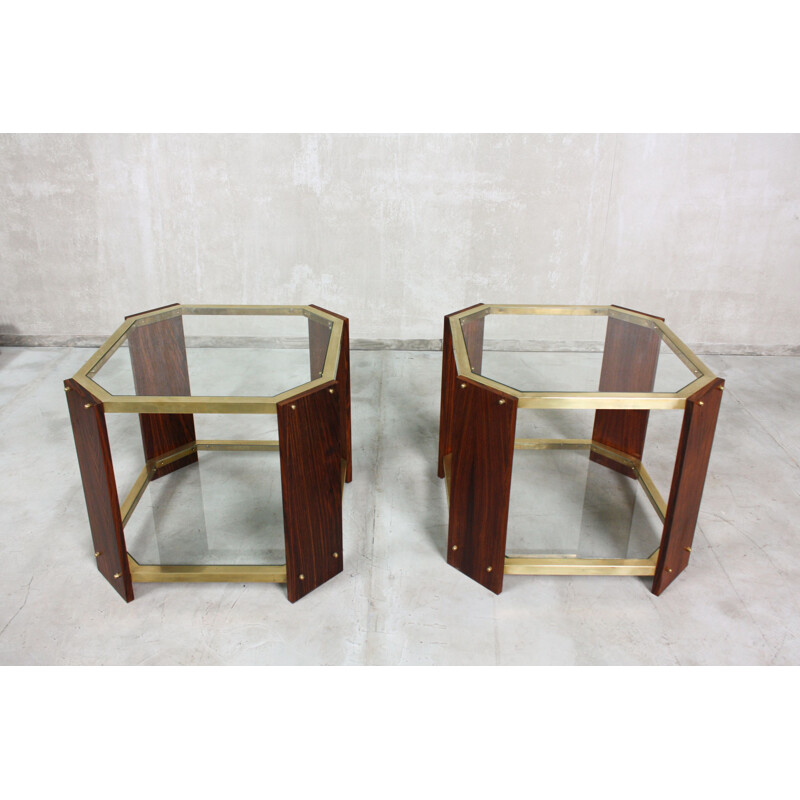 Pair of vintage brass and rosewood side tables, Italy 1970