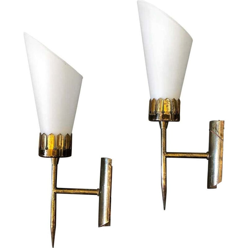 Pair of modern Italian vintage brass and glass wall lights 1950