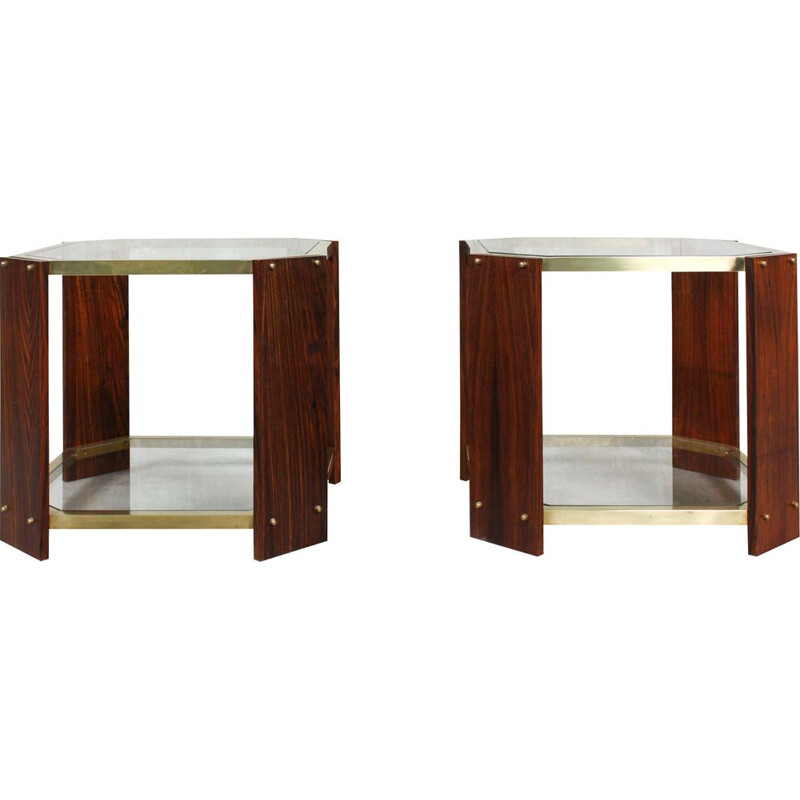 Pair of vintage brass and rosewood side tables, Italy 1970