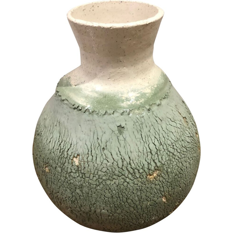 Vase vintage en céramique vert et beige
