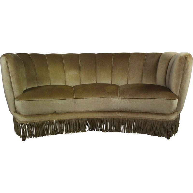 Vintage Danish Curved Velvet Banana Sofa 1950s