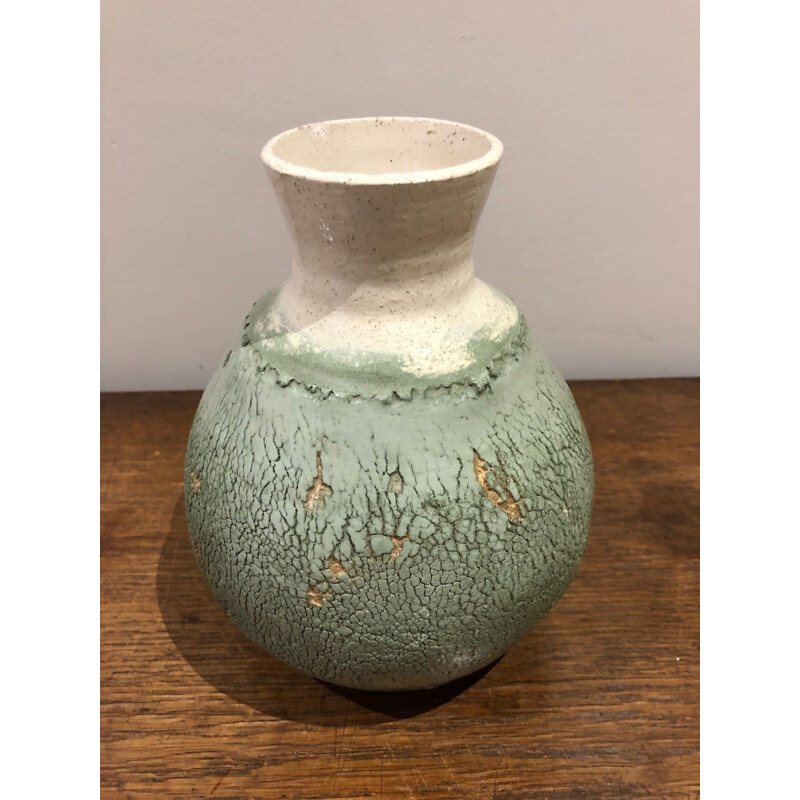 Vase vintage en céramique vert et beige