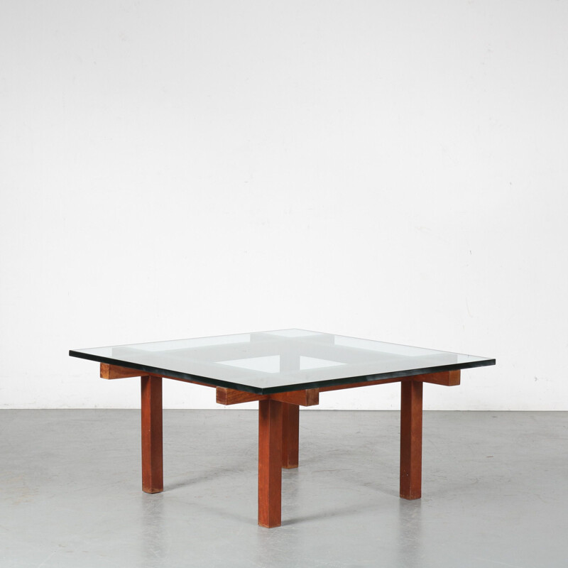 Vintage wood and glass coffee table by Alfred Hendrickx, Belgium 1950