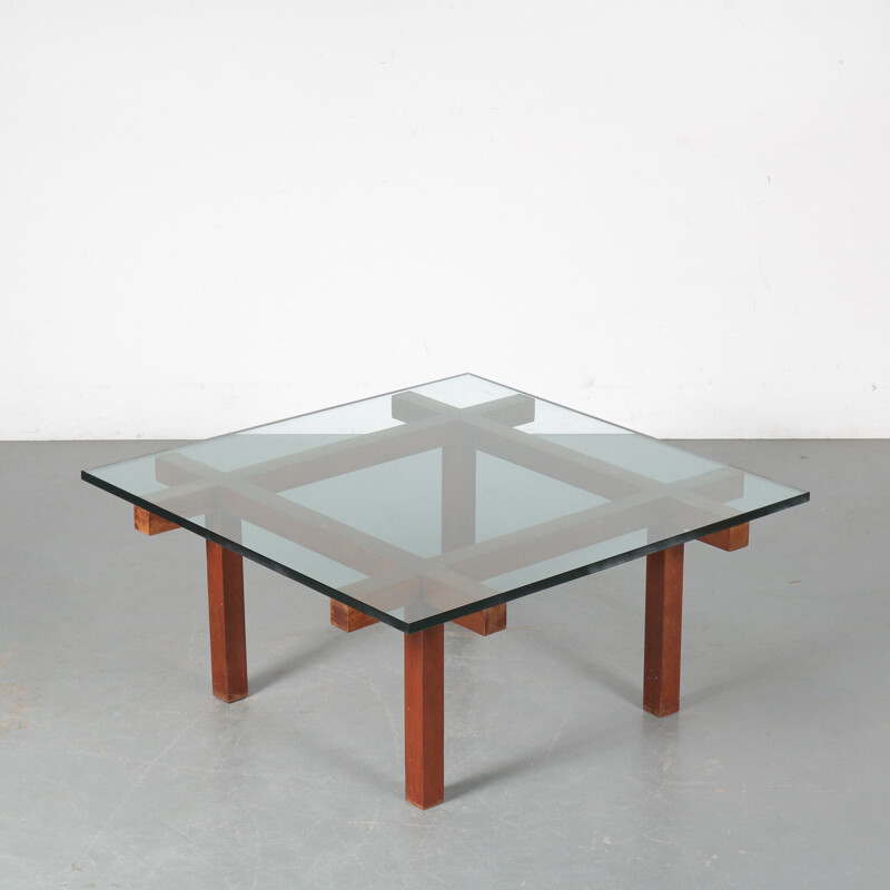 Table basse vintage en bois et en verre d'Alfred Hendrickx, Belgique 1950