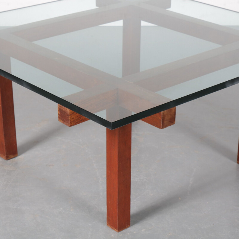 Vintage wood and glass coffee table by Alfred Hendrickx, Belgium 1950